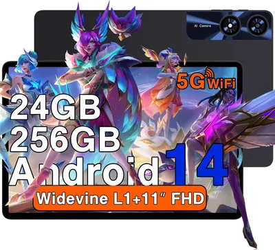 Produktbild von Tablet Android 14 11 Zoll mit 24GB RAM 256GB ROM TF 1TB Bluetooth 5 Widevine L1 Octa-Core 2 GHz 5G WiFi 5MP+13MP 8000mAh 1280 800 IPS FHD Schwarz
