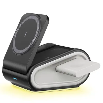 Produktbild von 15w 4-in-1 Wireless Charger, magnetisch,Faltbarer Schnellladung, lädt Handy, Uhr & Earbuds, mit dimmbarem Nachtlicht & verstellbarem Stand