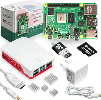 Produktbild von Raspberry Pi 4 Starterkit, 64GB microSDHC inkl. Pi OS, Gehäuse, Netzteil, HDMI-Kabel und Zubehör - RAM: 8GB - Farbe: weiß