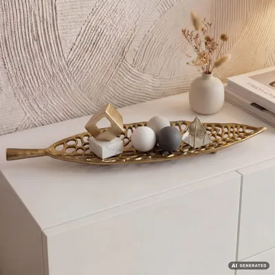 Image de FineBuy, bol décoratif en aluminium feuille d'or, diamètre 63 cm, design, décoration de table, motif feuille, métal avec pieds, accessoire de décoration intérieure, bol en métal, bol en aluminium, fabriqué à la main, Image générée par une IA