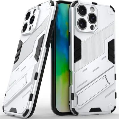 Produktbild von Armor Hülle für iPhone 16 Pro Max Hybrid PC TPU Bumper Stoßfestes Schutzhülle mit Standfunktion Weiß