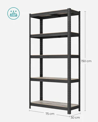 Obrázek produktu pro SONGMICS Stojící police, sada 2 kusů, regál na knihy, úložný regál, 5 polic, kuchyňský regál, police, 30 x 75 x 150 cm, nosnost až 650 kg, nastavitelné police, průmyslový design, přírodní černá GLR030B12