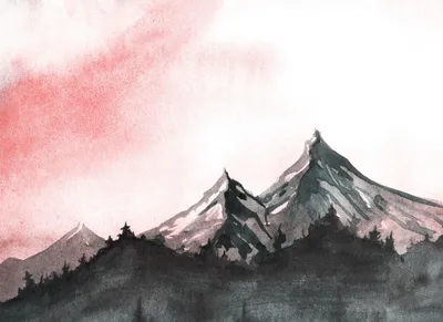 Produktbild von Berg Fototapete in Aquarell Optik | Kinderzimmer und Wohnzimmer Fototapete mit Bergen und Tannen | Vlies Fototapete mit