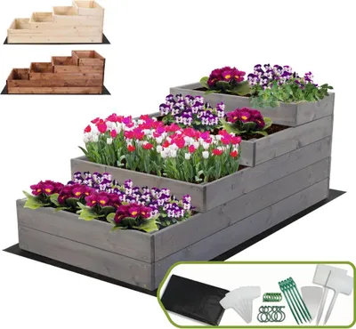 Produktbild von MODO24 Hochbeet Holz, Pflanzkasten, Massivholz, Kiefer, Kräuterbeet, Blumenkasten, Garten, Terrasse, 45x60x120 cm, Grau, ZP07