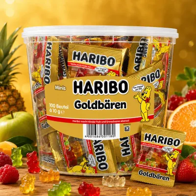 Produktbild von Haribo Goldbären Minis, Geleebohne, 1 kg, Mehrfarbig, 1459 kJ, 343 kcal, 77 g