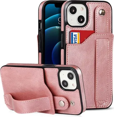 Zdjęcie produktu dla Skórzane etui Smartphonica z uchwytem na karty do iPhone'a 13 - różowe
