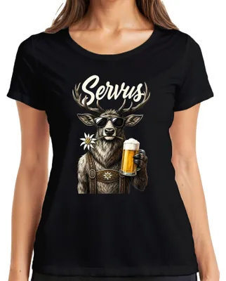 Productafbeelding van Servus, Cooler Hirsch bier, lederhosen, , dirndl, Alpen, dames T-shirt, zwart, XXL