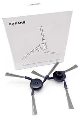 A product shot of two side brushes for a robot vacuum cleaner, with the product's packaging in the background.