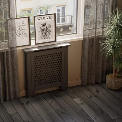 Produktbild von HAGO24 Heizkörperverkleidung Heizungsabdeckung Holz 78x19x82cm Schwarz Wabenmuster Regalfläche Wandmontage Klassisch