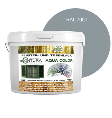Produktbild von Contura 2Liter Fenster und Türenlack Seidenmatt nach RAL 2in1 mit Pinsel Möbellack Innen und Außen Holzlack - RAL 7001 Silbergrau
