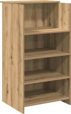 A wooden bookshelf with four shelves against a white background.