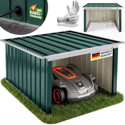Produktbild von GARDEBRUK® Mähroboter Garage Metall Wetterbeständig Kabelführung 4x Erdanker Carport Rasen Garten, Farbe:Pultdach Grün