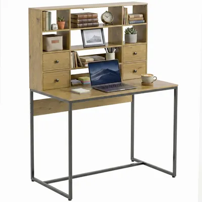 Image de Bureau - Bureau d'ordinateur avec 4 tiroirs et étagères - 105 x 60 x 142 cm - Structure en métal - Design moderne - Couleur naturelle
