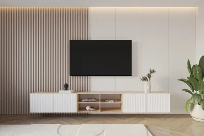 Produktbild von ALTDECOR TV-Schrank KITO-W mit Gefrästen Fronten 3x100x40x40 Lowboard hängend, TV Möbel, TV Cabinet, Fernsehtisch, Fernsehschrank, TV Kommode, TV Tisch, TV Sideboard, TV Board - Artisan / Weiß