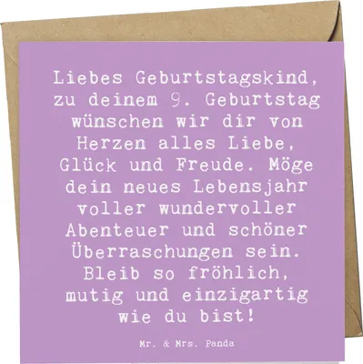 Produktbild von Mr. & Mrs. Panda Deluxe Karte Spruch 9. Geburtstag Glück - Lavendeltraum - Geschenk, besondere Anlässe, doppelkarte, Kindergeburtstagsparty, Alter, Happy Birthday, mutig
