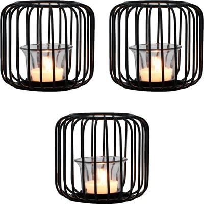 Immagine prodotto di Set di 3 lanterne decorative scandinave in metallo e vetro 11cm grande nero | Lanterna porta tea light Cibolo come decorazione da giardino e da tavolo del soggiorno | Squisiti portacandele per tea light
