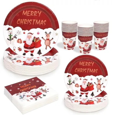 100-teiliges Weihnachts-Papiergeschirr-Set, 25 Teller, Becher, Servietten