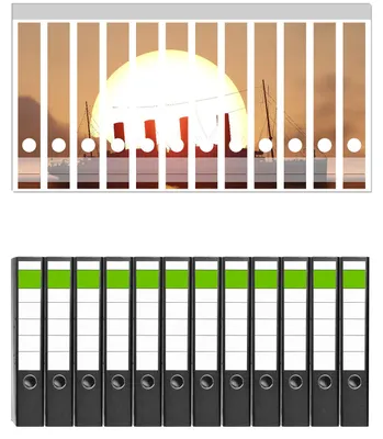 Produktbild von Wallario 12 Stück schmale Ordner inkl. Klebeetiketten mit Motive Ozeandampfer im Sonnenuntergang -  Set mit Rückenschildern / Ordnerrücken Stickern