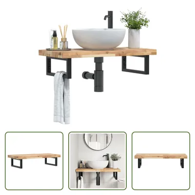 Image de The Living Store Étagère de lavabo murale en acier et acacia