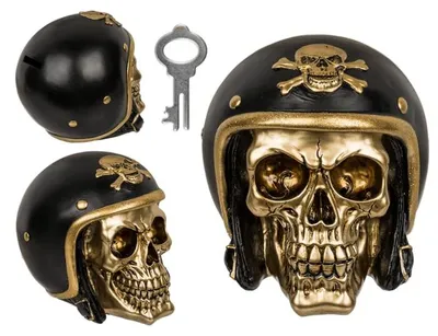 Produktbild von Totenkopf-Spardose mit Schloss und Schlüssel, Totenkopf-Design, ca. 16 x 13 cm, Polyresin, schwarzer und goldener Helm