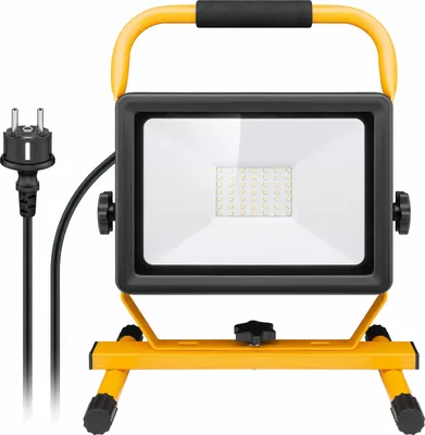Produktbild von goobay LED-Baustrahler mit Standfuß, 50 W mit 4250 lm und kaltweißem Licht 6500 K schwarz/gelb