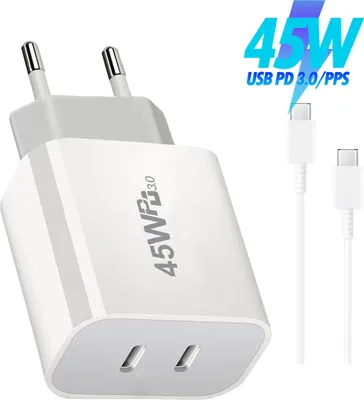 A white dual USB-C adapter with two white USB-C cables on a white background.