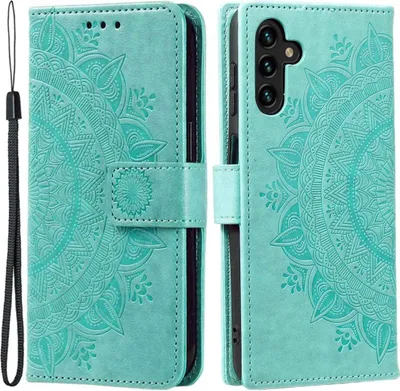A teal flip case for a Samsung Galaxy A54 5G phone with a mandala pattern.
