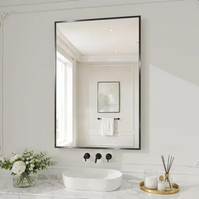 Image de Miroir de salle de bain 80x50 cm, noir, en verre trempé, résistant à la corrosion, à fixer au mur