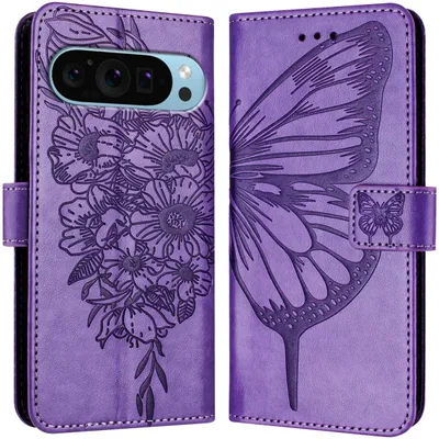 Produktbild von Mobigear Butterfly Schutzhülle für Google Pixel 9 Pro XL – Klapphülle mit Portemonnaie – Lila