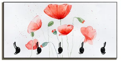 Produktbild von Wallario Flurgarderobe Wandgarderobe aus Holz, mit 5 Haken, Größe 80 x 40 cm, Motiv Mohnblumen in Aquarell