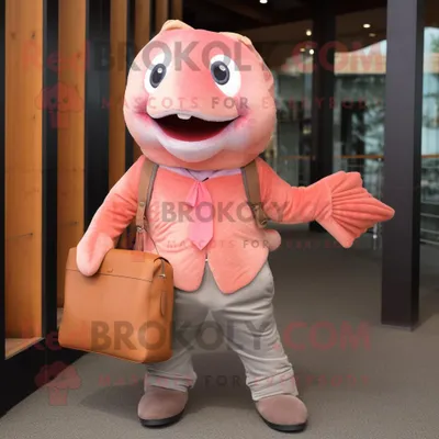 Productafbeelding van Roze zalm mascotte REDBROKOLY kostuum karakter gekleed met een corduroy broek en handtassen