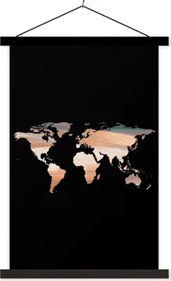 Produktbild von MuchoWow® Textilposter Weltkarte - Farbe - Schwarz 40x60 cm mit schwarzem Rahmen - Wanddekorationen