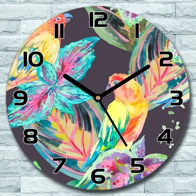 Produktbild von Wanduhr aus Glas Rund fi 30 Aquarell Vögel Bunte Quarz Deko Schlafzimmer Büro