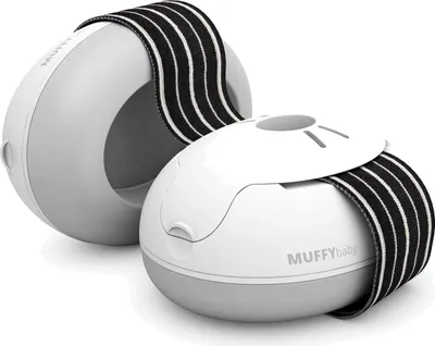 Two baby earmuffs are shown in a diagonal view against a white background.