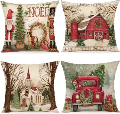 Produktbild von Kissenbezug Weihnachten 50x50 4er Set Kissenbezš¹ge Dekokissen Leinen Kissenhš¹llen fš¹r Deko Weihnachten Sofa Schlafzimmer Couch Kissenbezug 45x45 cm