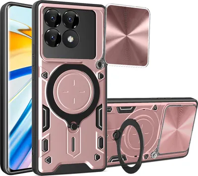 Produktbild von Handyhülle für Xiaomi Poco F6 Pro/Redmi K70 /K70 Pro Dual-Layer Stoßfest Rüstung Hülle mit Dia Kameraschutz und Kreisförmig Ring Ständer Roségold