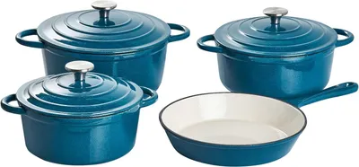 Produktbild von 4-teiliges Kochgeschirrset aus emailliertem Gusseisen in Blau, rund für Herd und Backofen