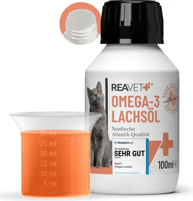 Produktbild von REAVET Lachsöl Katze 100ml, Omega 3 & 6 Barf Öl Hochdosiertes Fischöl Katze in Lebensmittelqualität