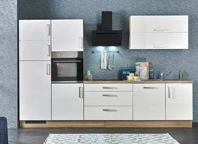 Produktbild von Küchenblock Jasmin 320 cm in weiß hochglanz mit Glaskeramik Kochfeld Geschirrspüler und Kühl.- Gefrierkombination