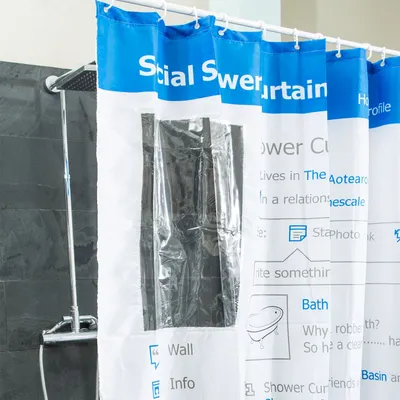 Obrázek produktu pro Závěs do sprchy 180x180 cm, závěs do vany, antibakteriální, voděodolný, omyvatelný, 100% polyester, motiv z sociálních sítí, bílý, včetně kroužků
