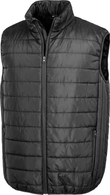 A black puffer vest is shown front and center against a white background.