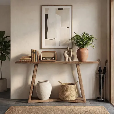 Image de Table console en bois massif de 160 cm, de style rustique, avec une structure en forme de "X", idéale pour l'entrée, le couloir ou le salon, finition marron rustique