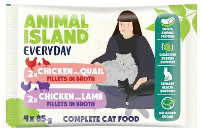 Obrázok produktu pre ANIMAL ISLAND Kuracie, prepeličie a kuracie, jahňacie filé v bujóne - mokrá strava pre mačky - 4x85 g
