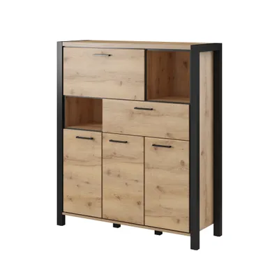 Produktbild von Wohnzimmer Highboard ACCRA-83 in Taurus Eiche Nb. und schwarzem Gestell, B/H/T: ca. 120/140/41 cm