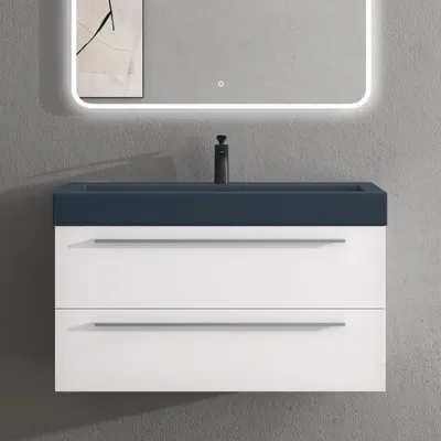 Produktbild von doporro Badmöbel-Set Waschbeckenunterschrank mit Soft-Close in Matt Weiß 100x48x60cm Quadratto Waschplatz komplett Set inkl. Mineralguss-Waschbecken in matt Anthrazit