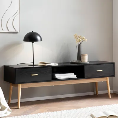 Produktbild von WOHNLING Lowboard Schwarz mit Eiche-Nachbildung 150x50x40 cm TV-Kommode Modern TV-Schrank Hoch Fernsehtisch Fernsehschrank mit Schubladen & Ablagefach