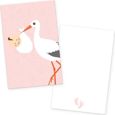 Produktbild von itenga 24x Kärtchen "Storch mit Baby" rosa pastell in Visitenkartengröße