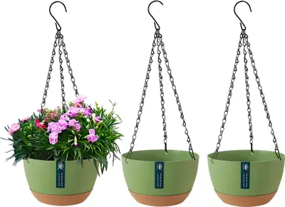Produktbild von 3er Pack Hängende Blumentöpfe mit abnehmbarem Tablett, Selbst Absorbierende Hängepflanze Blumentopf Korb Außen Innen Blumenampel Garten Balkon Deko, grün, 21cm