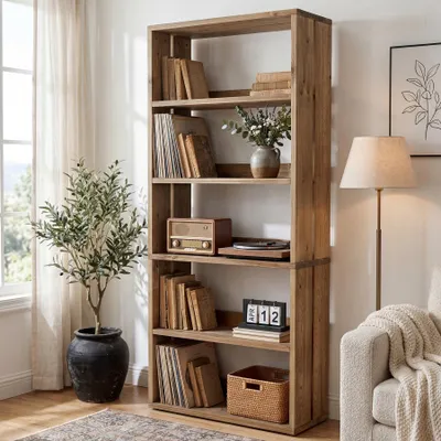 Immagine prodotto di Libreria in legno massello, altezza 180 cm, a 5 ripiani, scaffale autoportante, con vani a giorno, stile rustico, adatta per soggiorno e camera da letto, ideale anche per l'ufficio domestico, scaffale autoportante