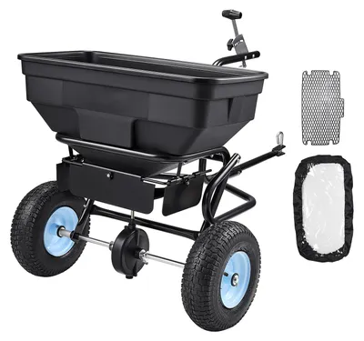 Obrázok produktu pre Rozmetávač SucceBuy – ťahaný rozmetávač s kapacitou 59 kg, záhradný rozmetávač na ťahanie alebo tlačenie, vybavený 33 cm kolesami, 30 nastaviteľnými stupňami a šírkou rozmetávania 3 m, ideálny na osivo, hnojivo a soľ